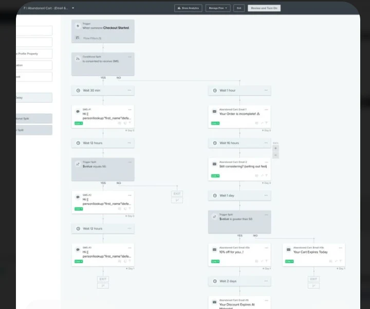 Klaviyo abandoned cart flow with SMS and email branches